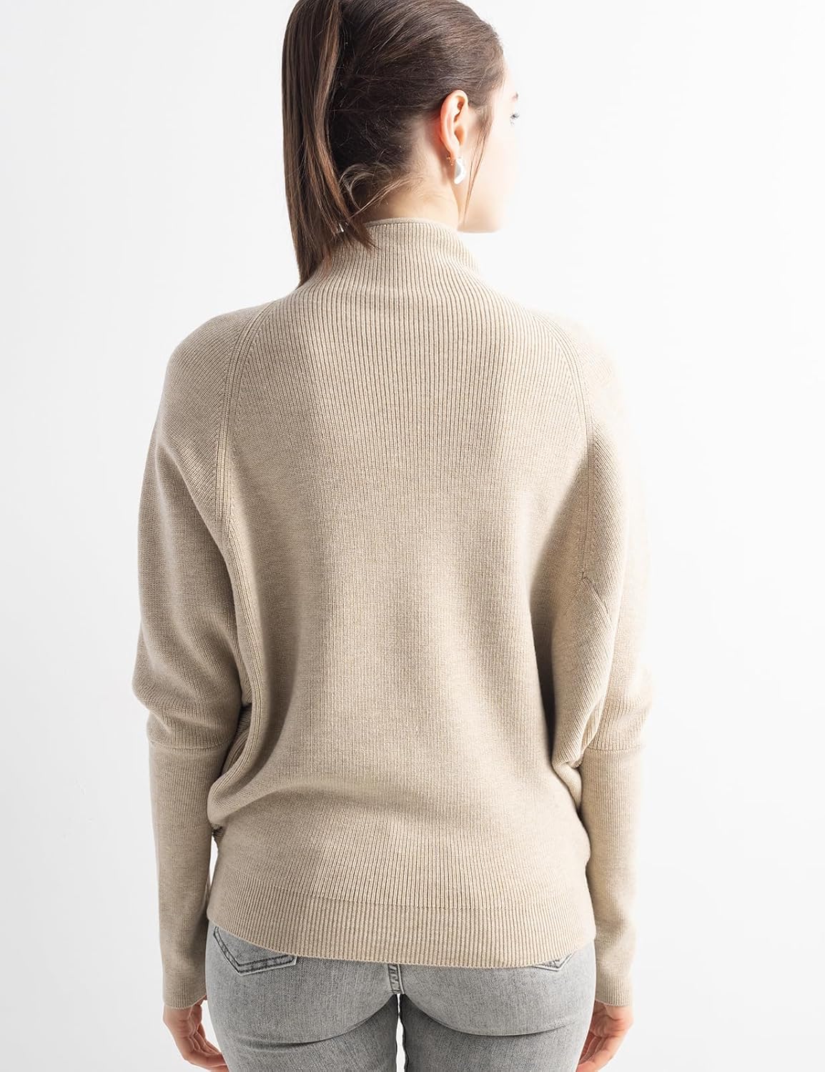 Merino Wool Blend Oversized Mock Neck Batwing Knit Sweater