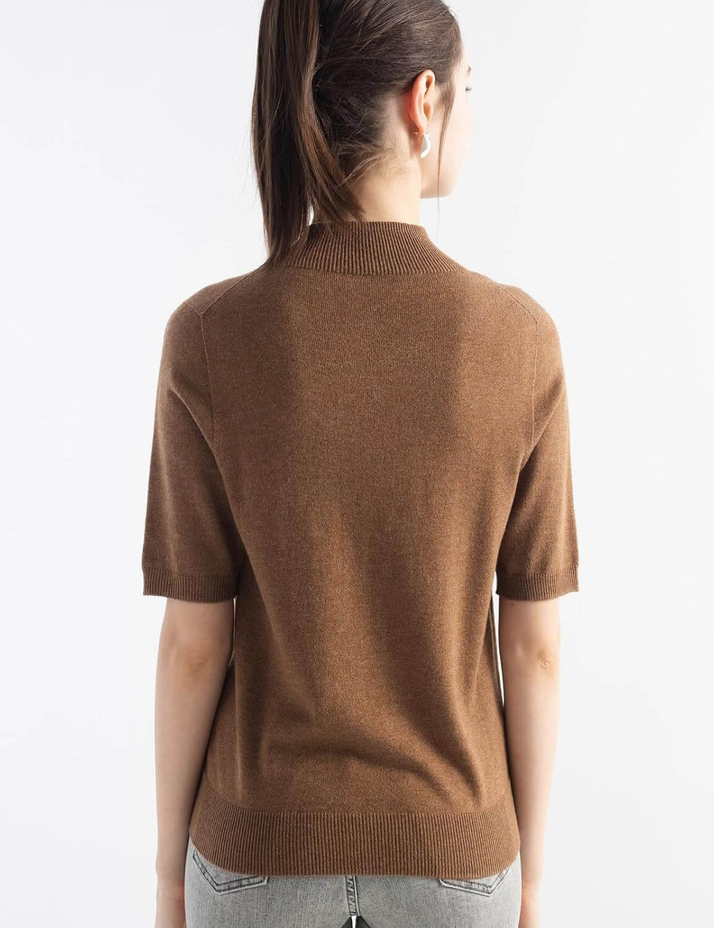 Merino Wool Blend Mock Neck Short Sleeve Seamless Knit Sweater