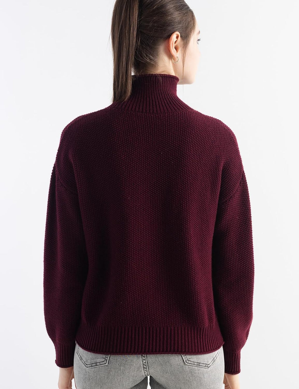 Merino Wool Blend Mock Neck Loose Knit Sweater
