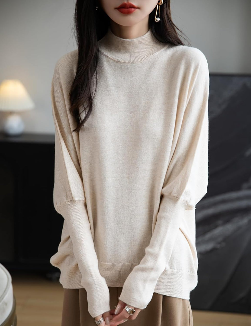 Merino Wool Blend Mock Neck Batwing Sleeve Sweater