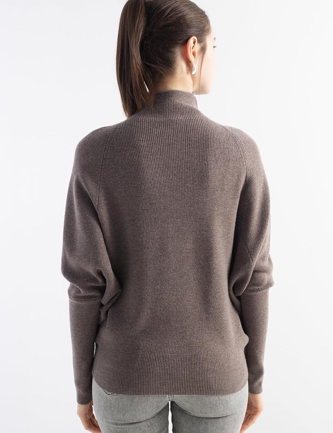 Merino Wool Blend Oversized Mock Neck Batwing Knit Sweater