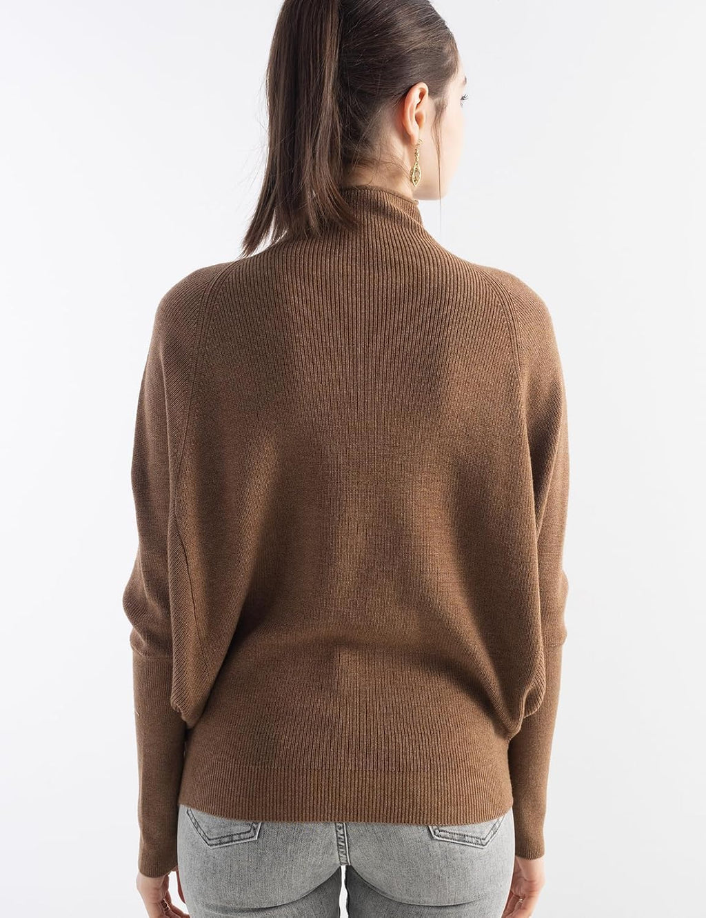 Merino Wool Blend Oversized Mock Neck Batwing Knit Sweater