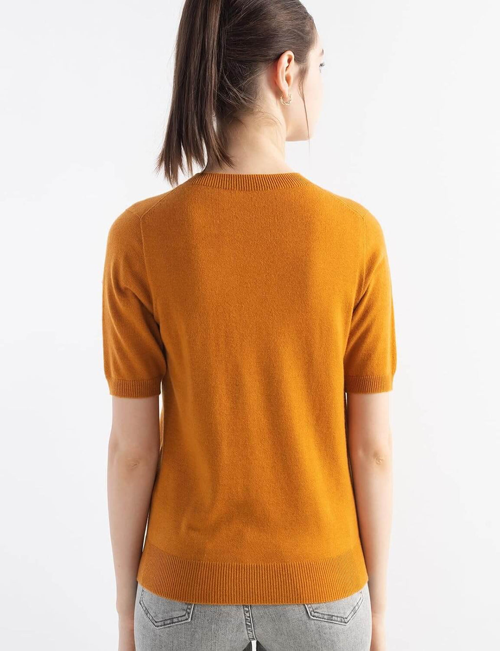Merino Wool Blend Crew Neck Short Sleeve Seamless Knit Sweater
