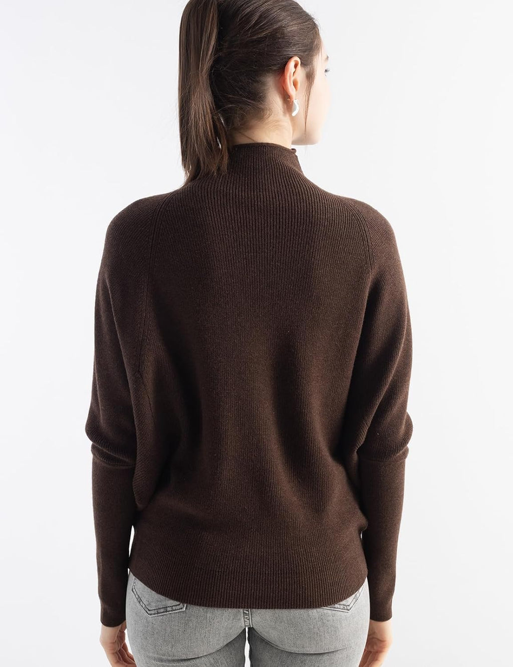 Merino Wool Blend Oversized Mock Neck Batwing Knit Sweater