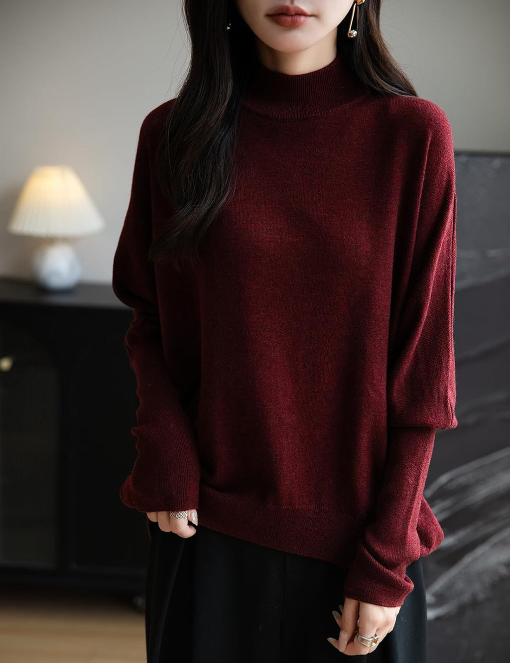 Merino Wool Blend Mock Neck Batwing Sleeve Sweater