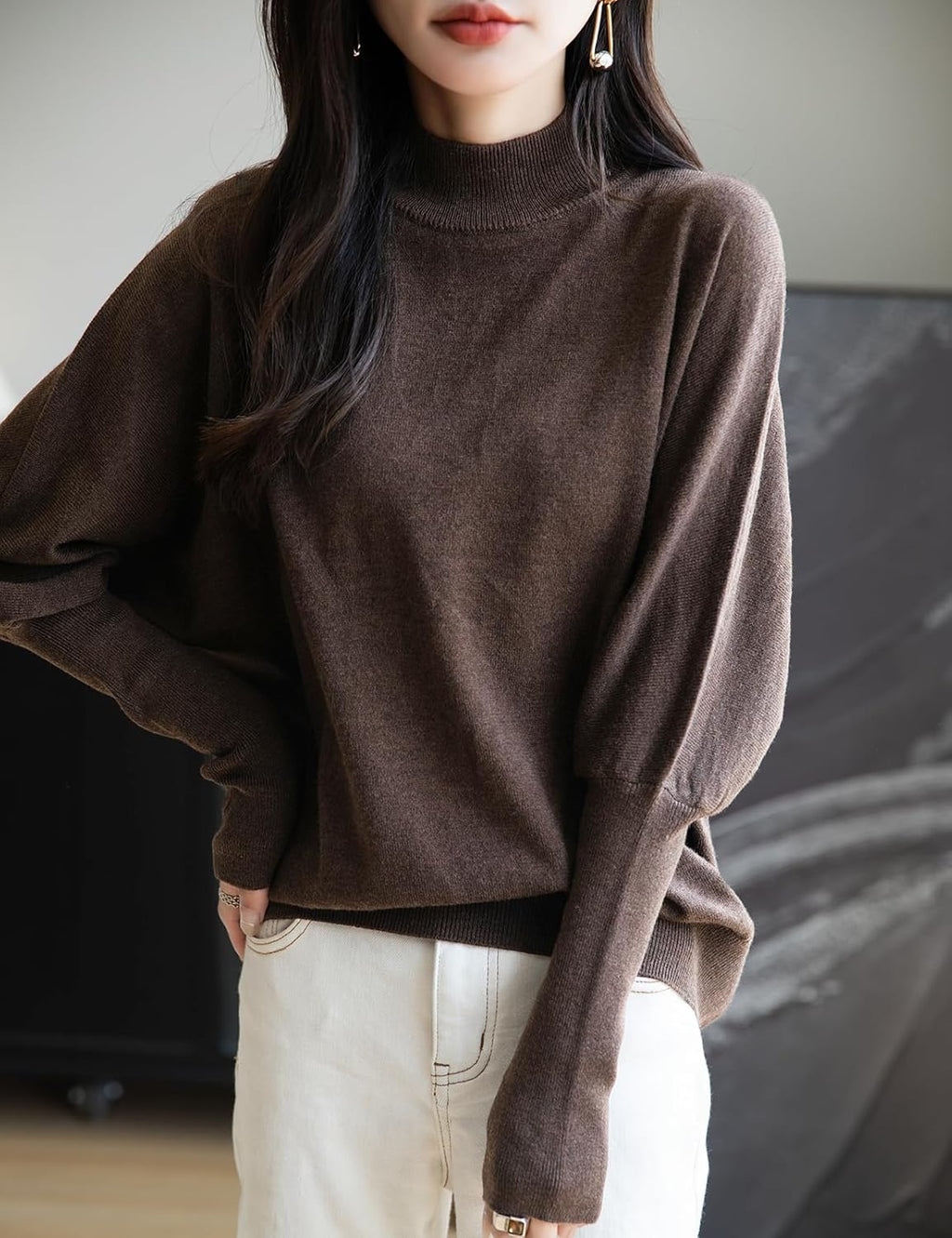 Merino Wool Blend Mock Neck Batwing Sleeve Sweater