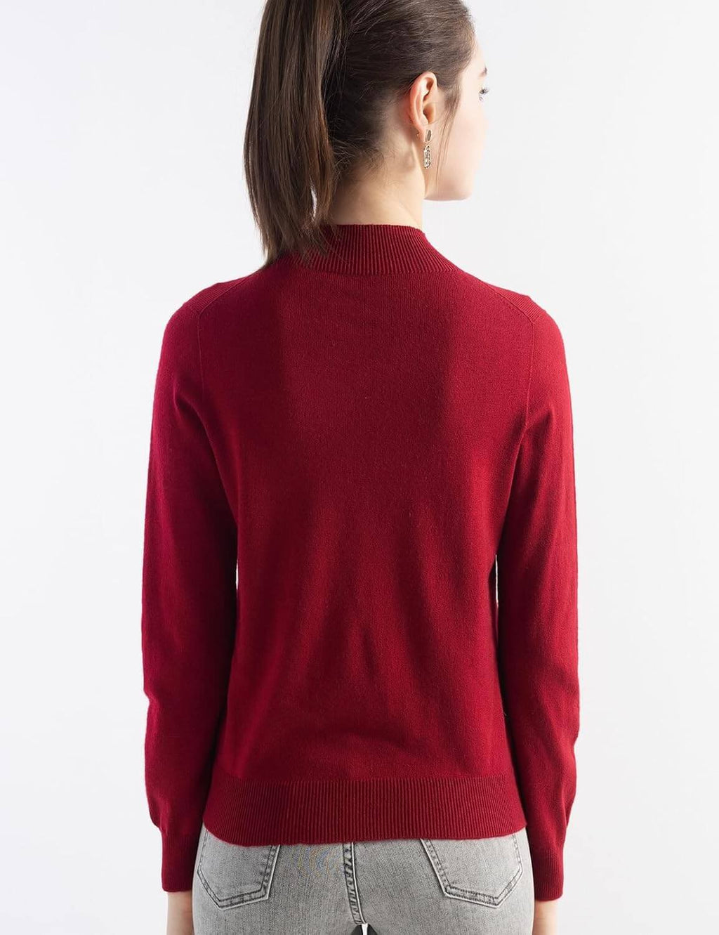 Merino Wool Blend Mock Neck Seamless Knit Sweater