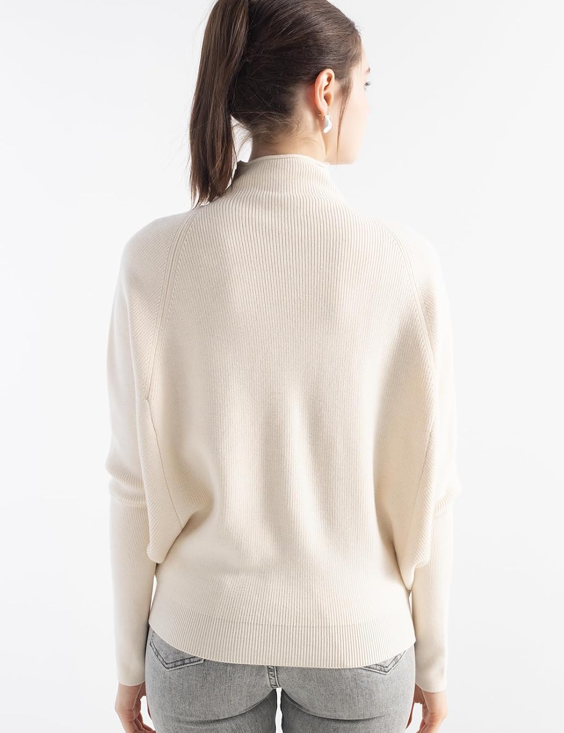 Merino Wool Blend Oversized Mock Neck Batwing Knit Sweater