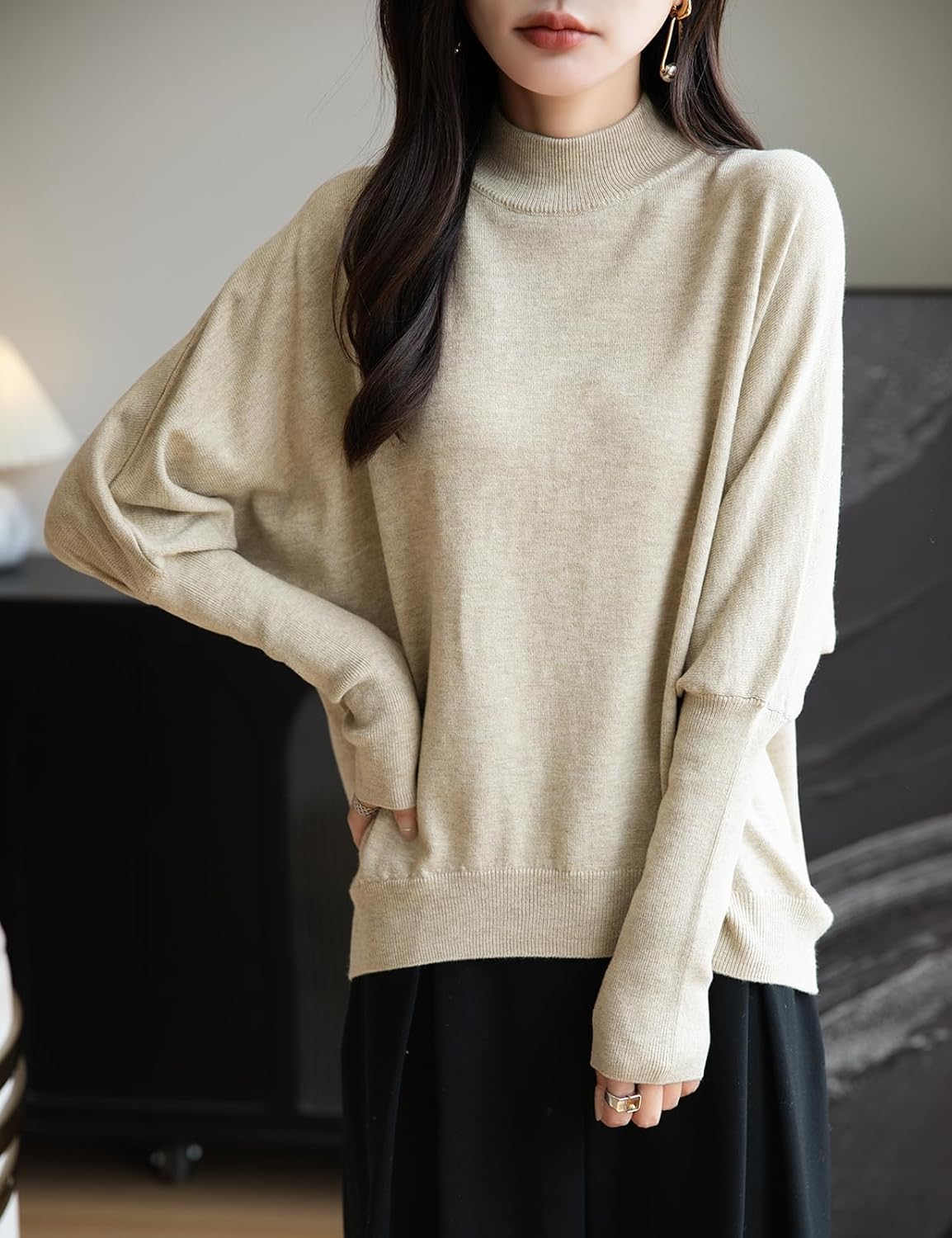 Merino Wool Blend Mock Neck Batwing Sleeve Sweater