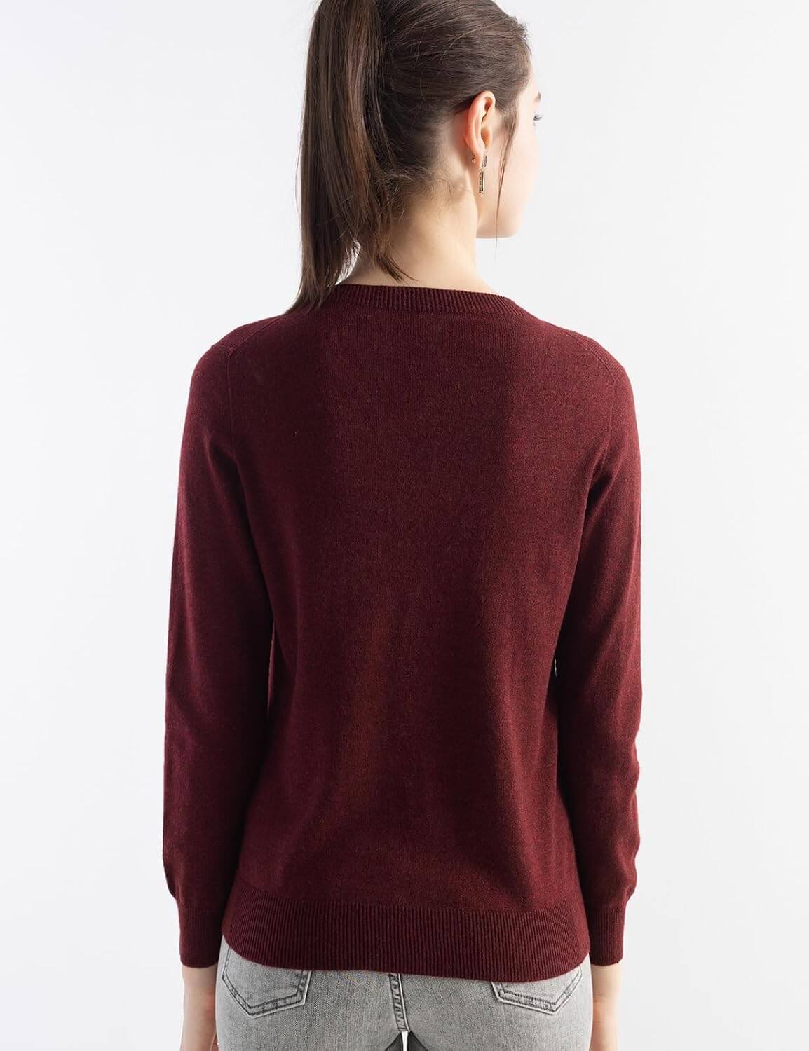Merino Wool Blend Crew Neck Seamless Knit Sweater