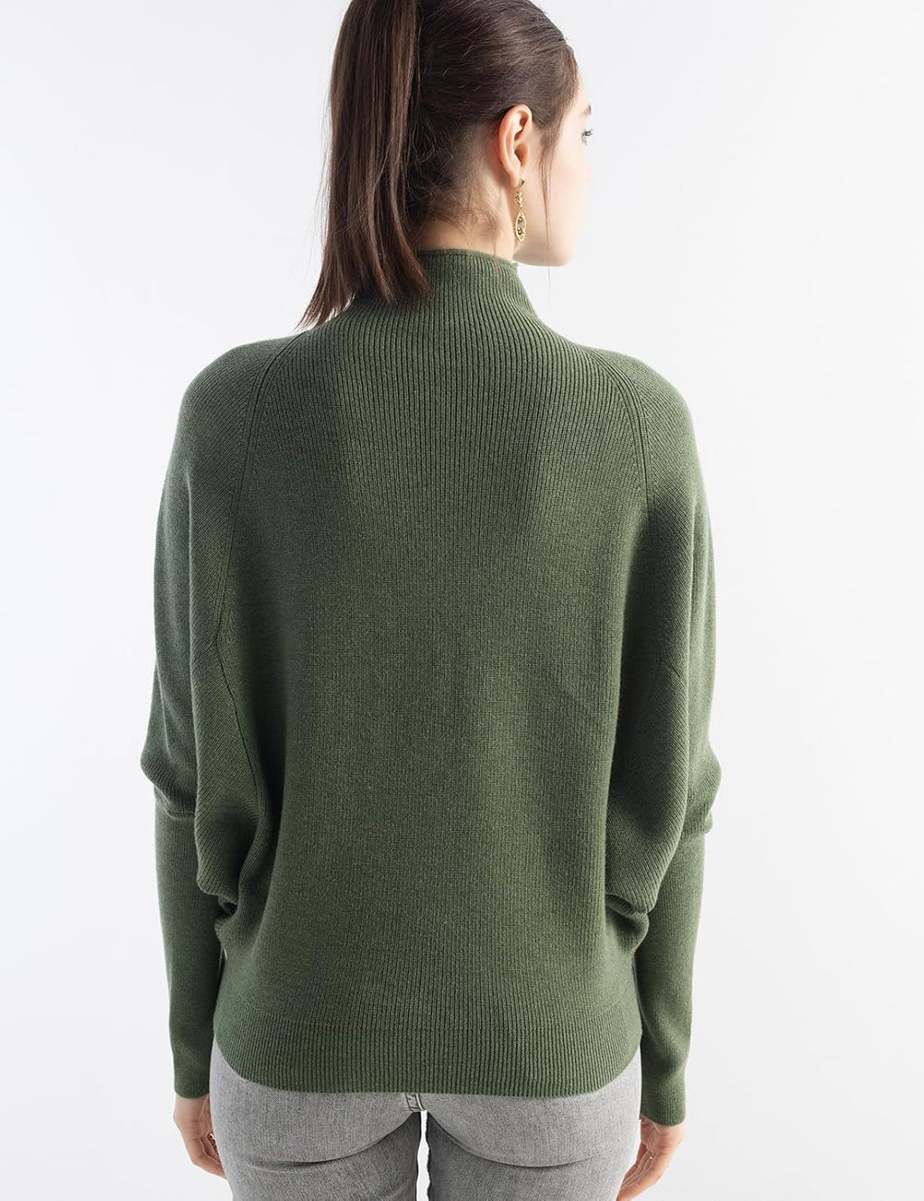 Merino Wool Blend Oversized Mock Neck Batwing Knit Sweater