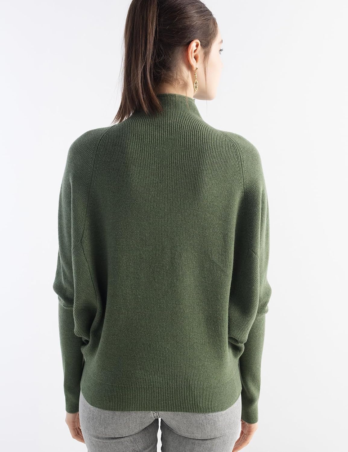 Merino Wool Blend Oversized Mock Neck Batwing Knit Sweater