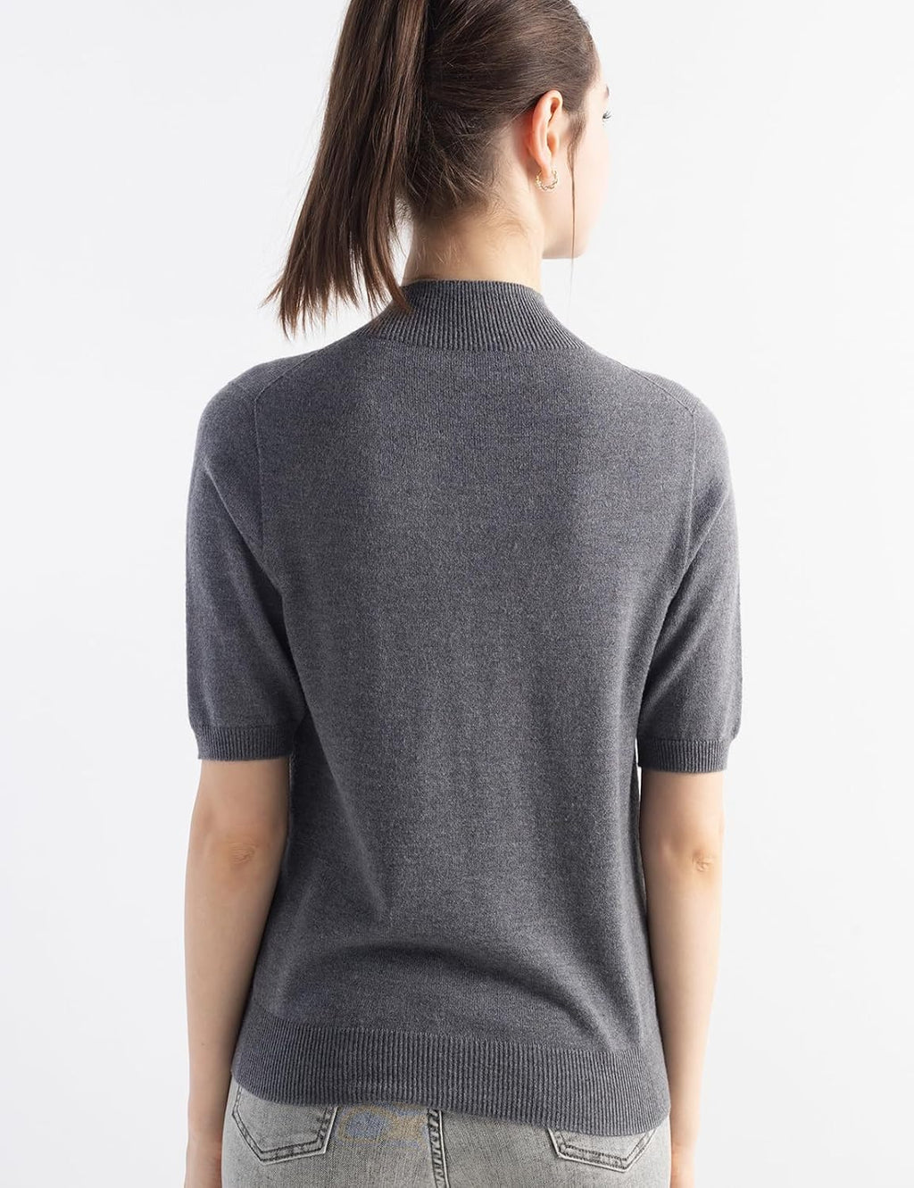 Merino Wool Blend Mock Neck Short Sleeve Seamless Knit Sweater