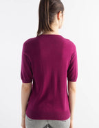 Merino Wool Blend Crew Neck Short Sleeve Seamless Knit Sweater