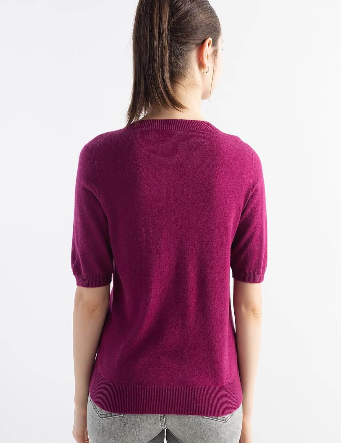 Merino Wool Blend Crew Neck Short Sleeve Seamless Knit Sweater