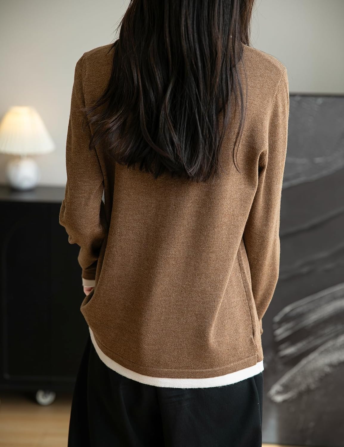 Merino Wool Blend Color Block Fake Two-Piece Crewneck Knit Top