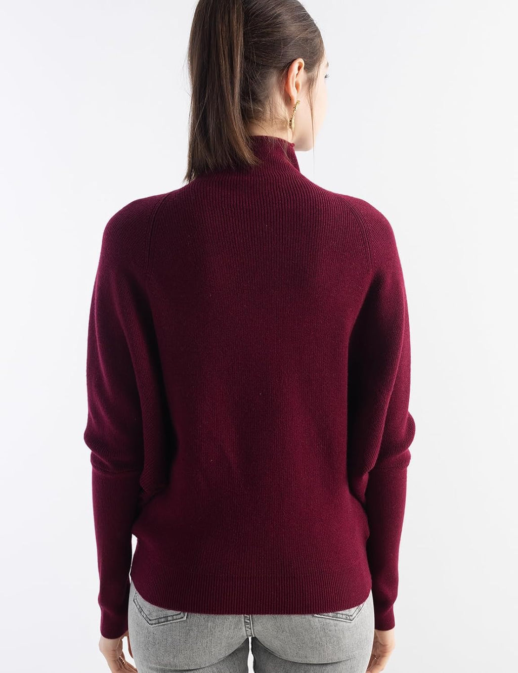 Merino Wool Blend Oversized Mock Neck Batwing Knit Sweater
