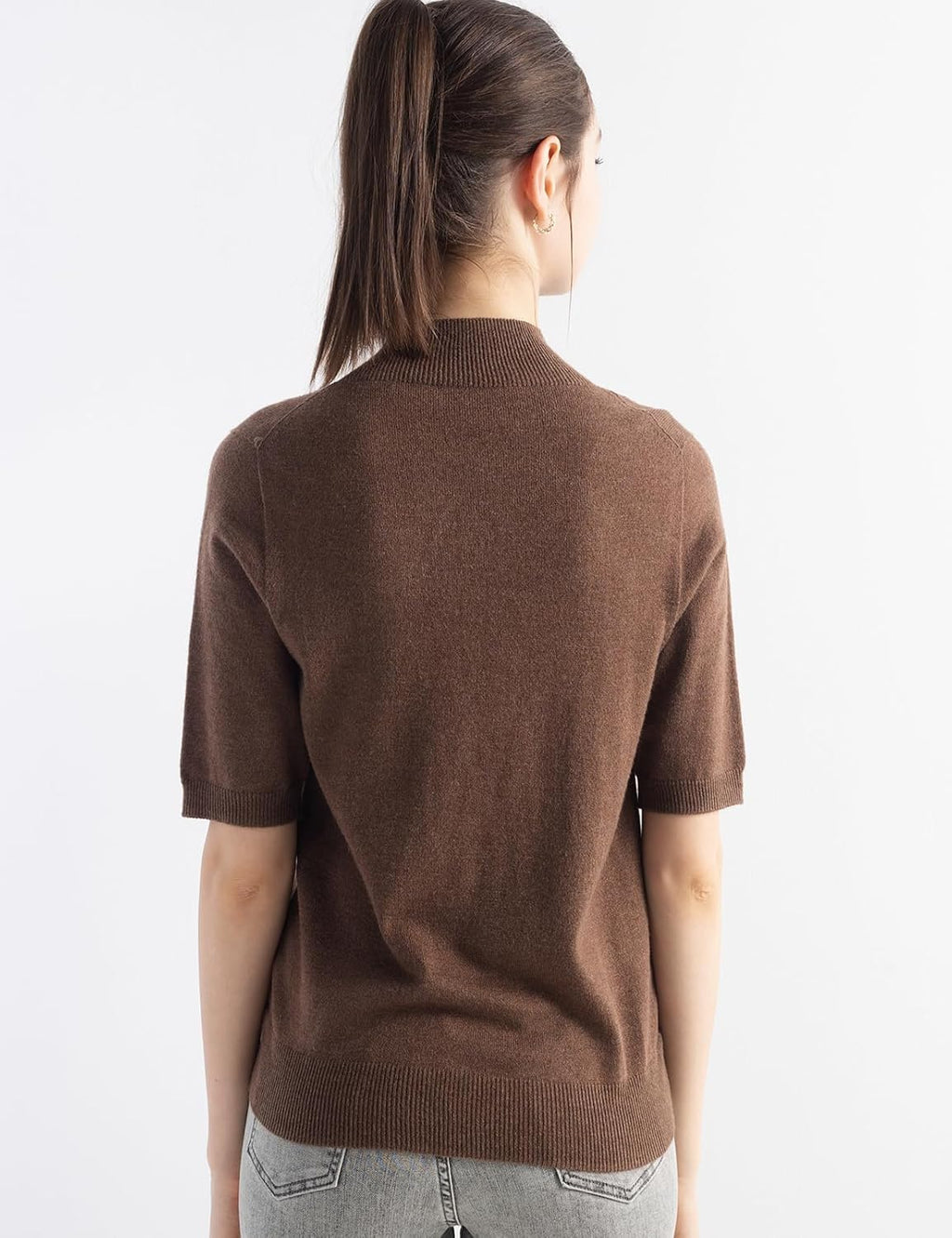 Merino Wool Blend Mock Neck Short Sleeve Seamless Knit Sweater