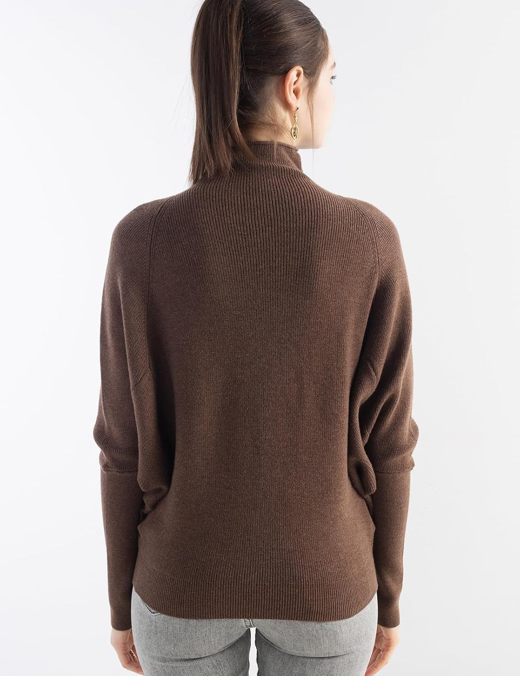 Merino Wool Blend Oversized Mock Neck Batwing Knit Sweater