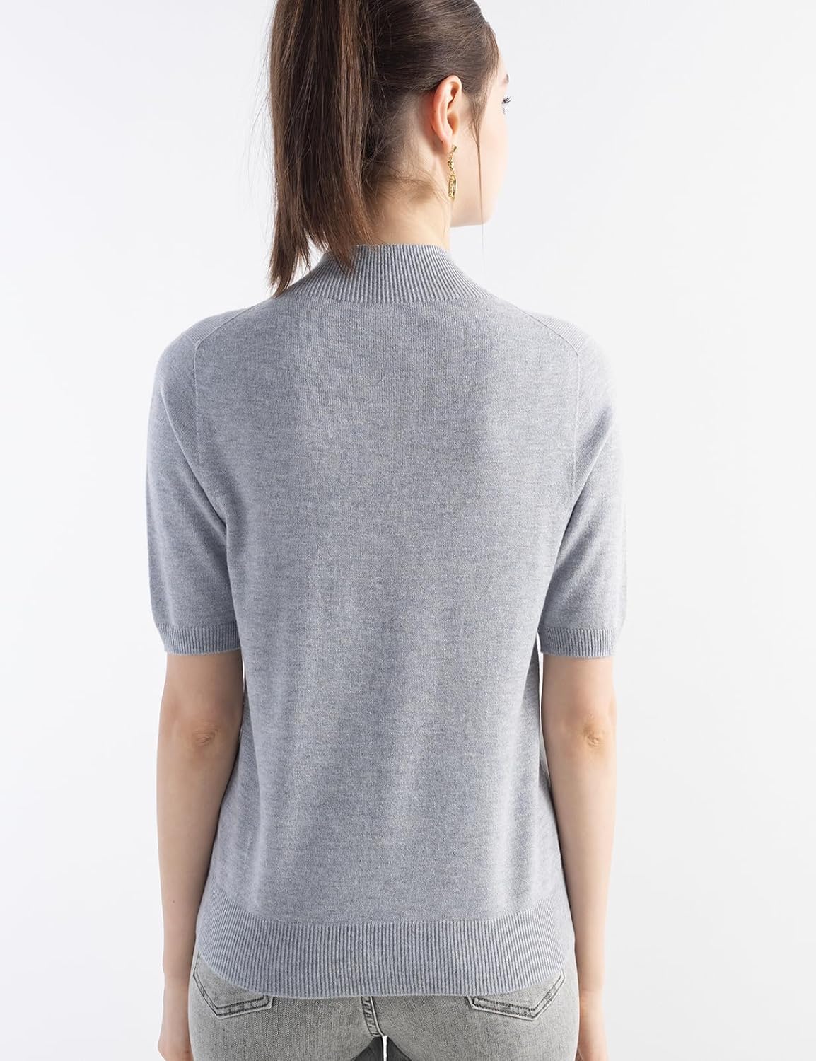 Merino Wool Blend Mock Neck Short Sleeve Seamless Knit Sweater