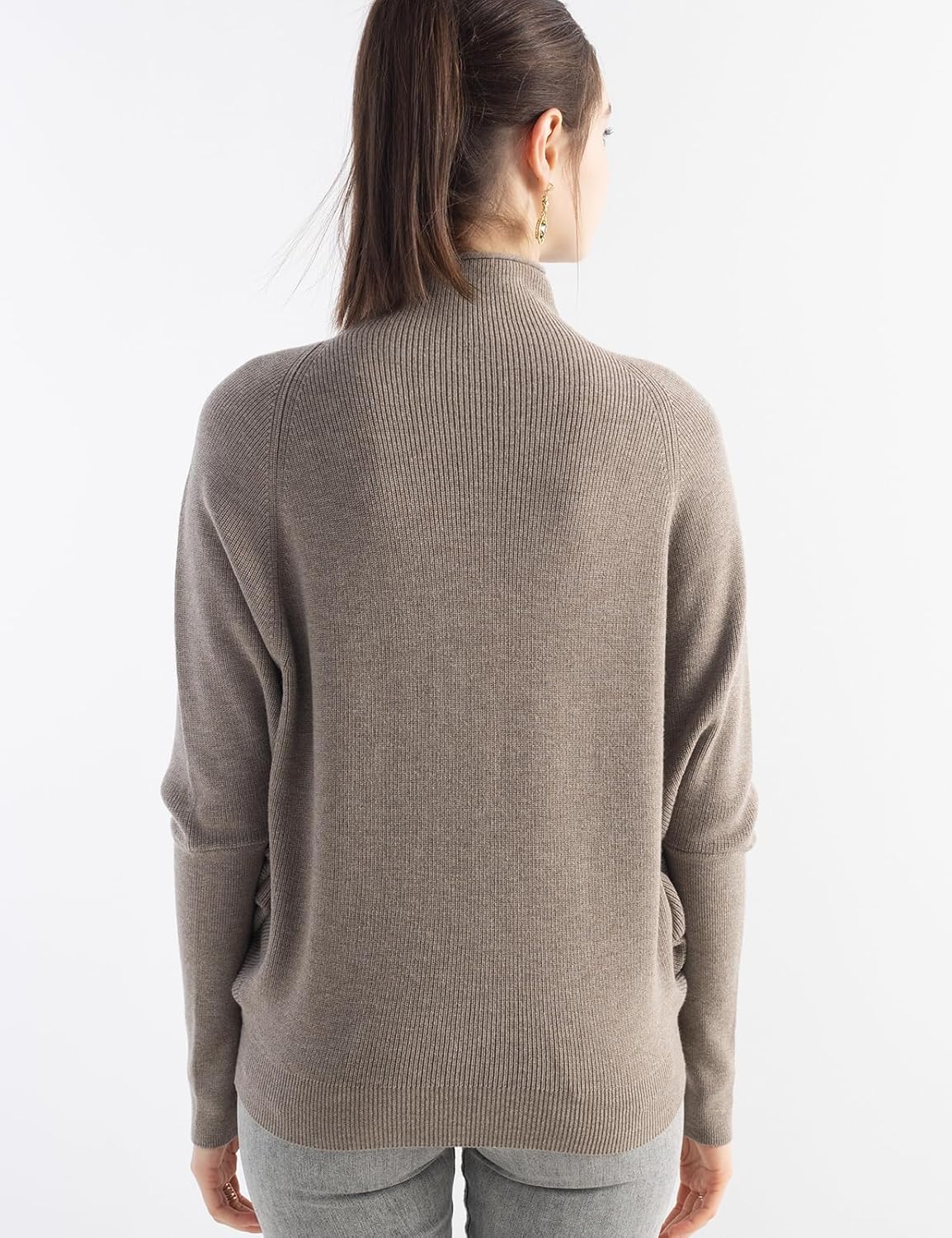 Merino Wool Blend Oversized Mock Neck Batwing Knit Sweater