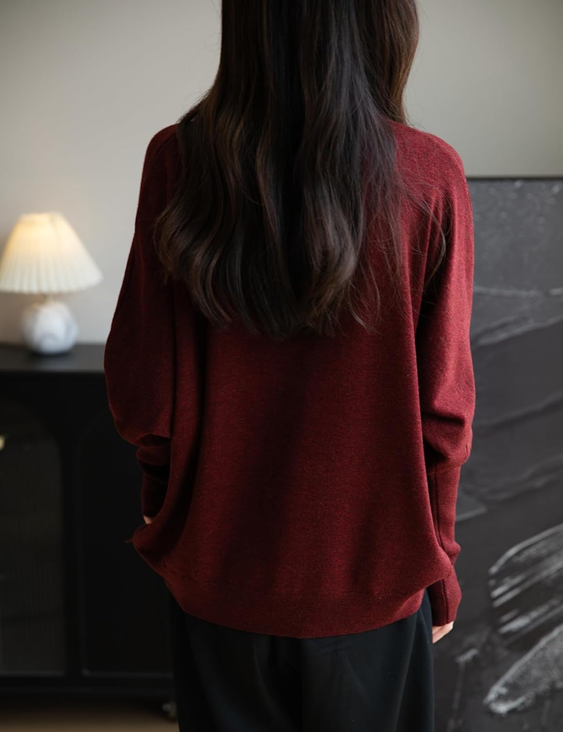 Merino Wool Blend Mock Neck Batwing Sleeve Sweater
