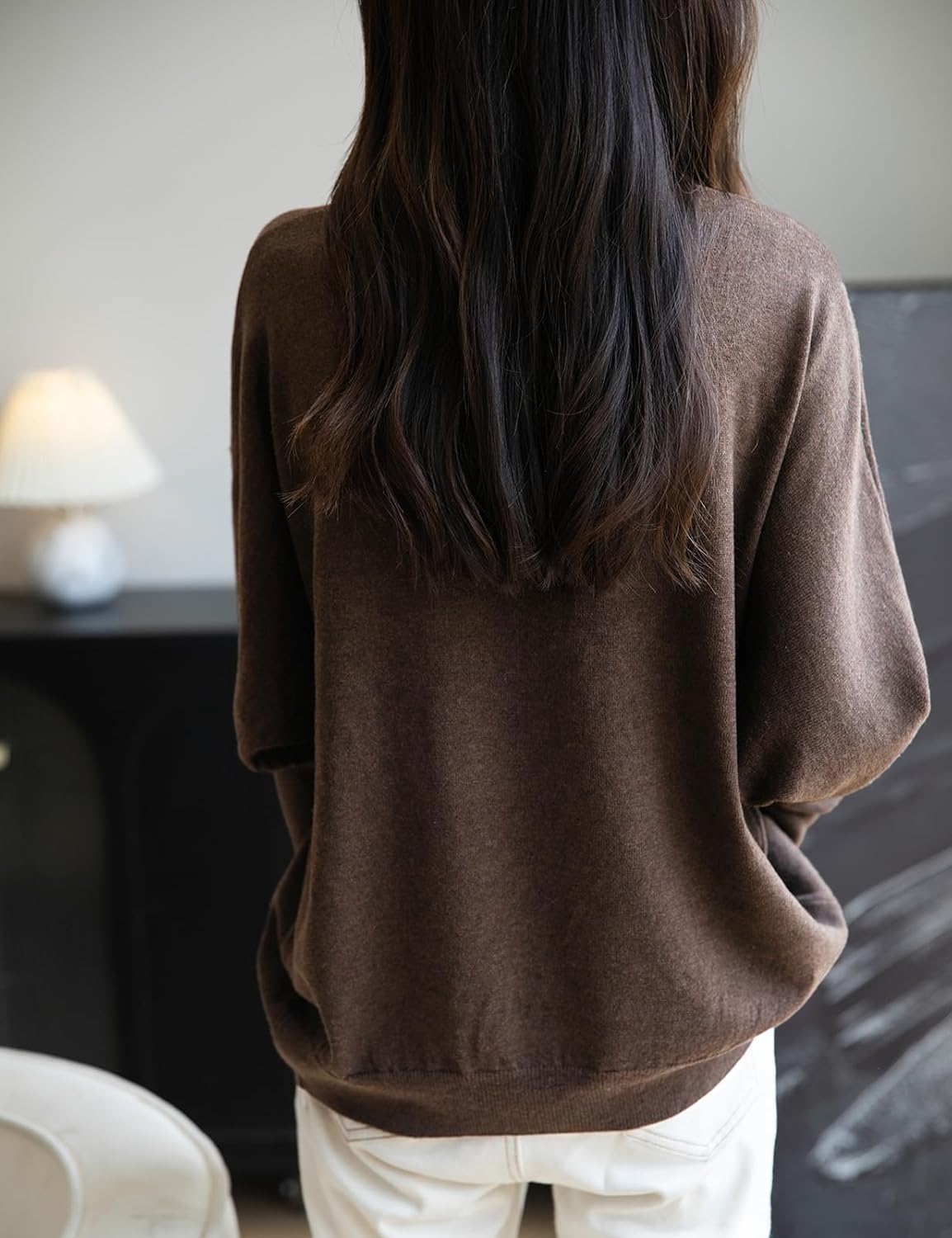Merino Wool Blend Mock Neck Batwing Sleeve Sweater