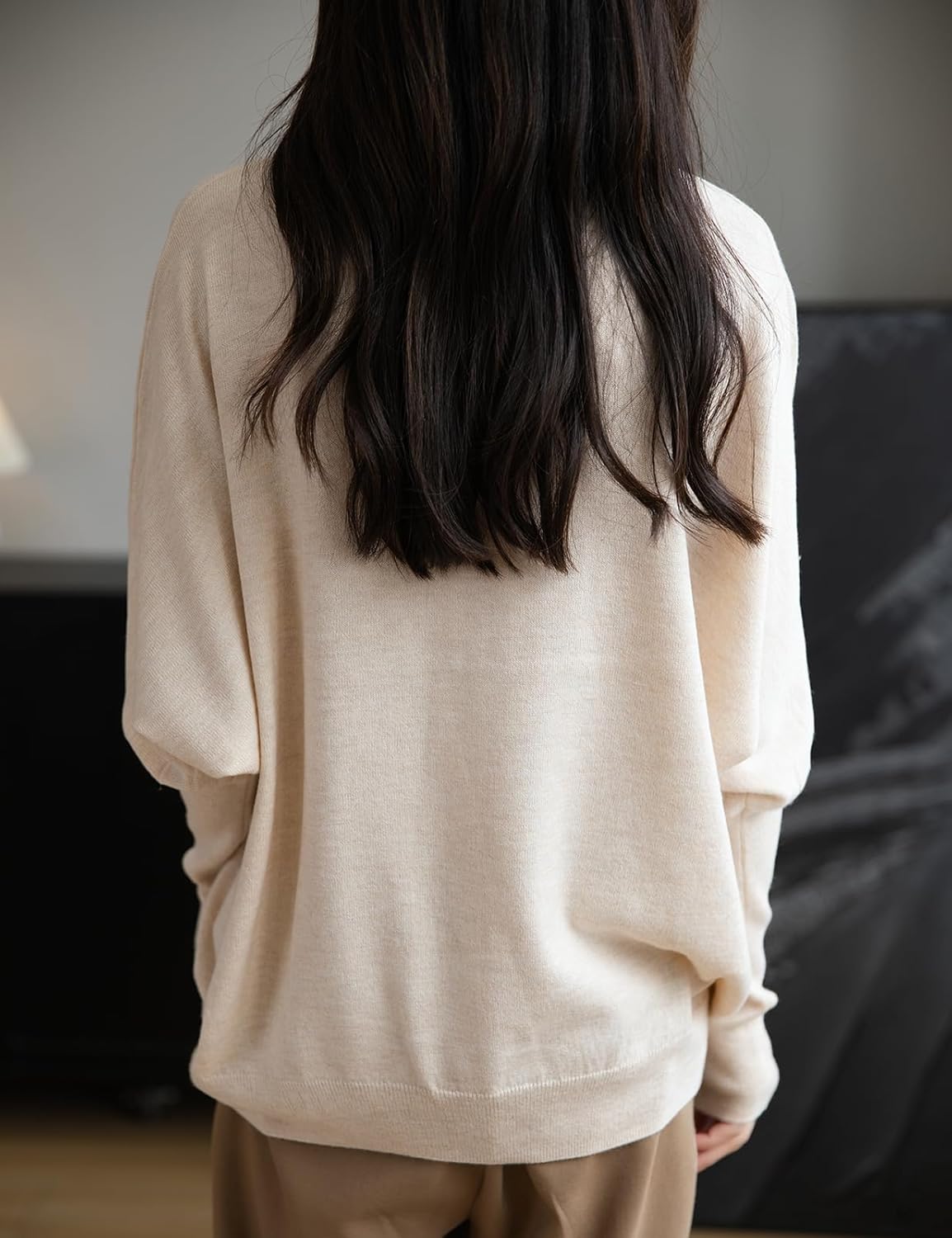 Merino Wool Blend Mock Neck Batwing Sleeve Sweater