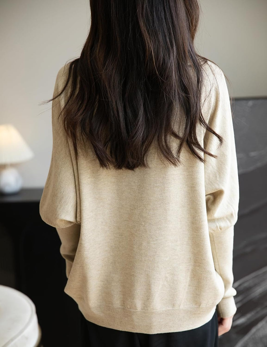 Merino Wool Blend Mock Neck Batwing Sleeve Sweater