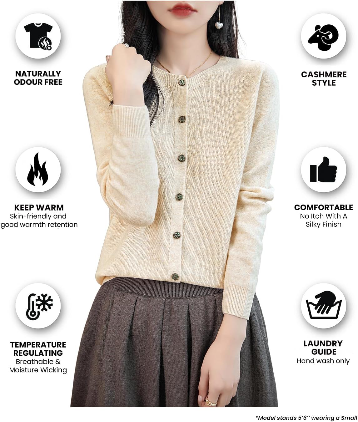100% Merino Wool Crewneck Cardigan Sweater