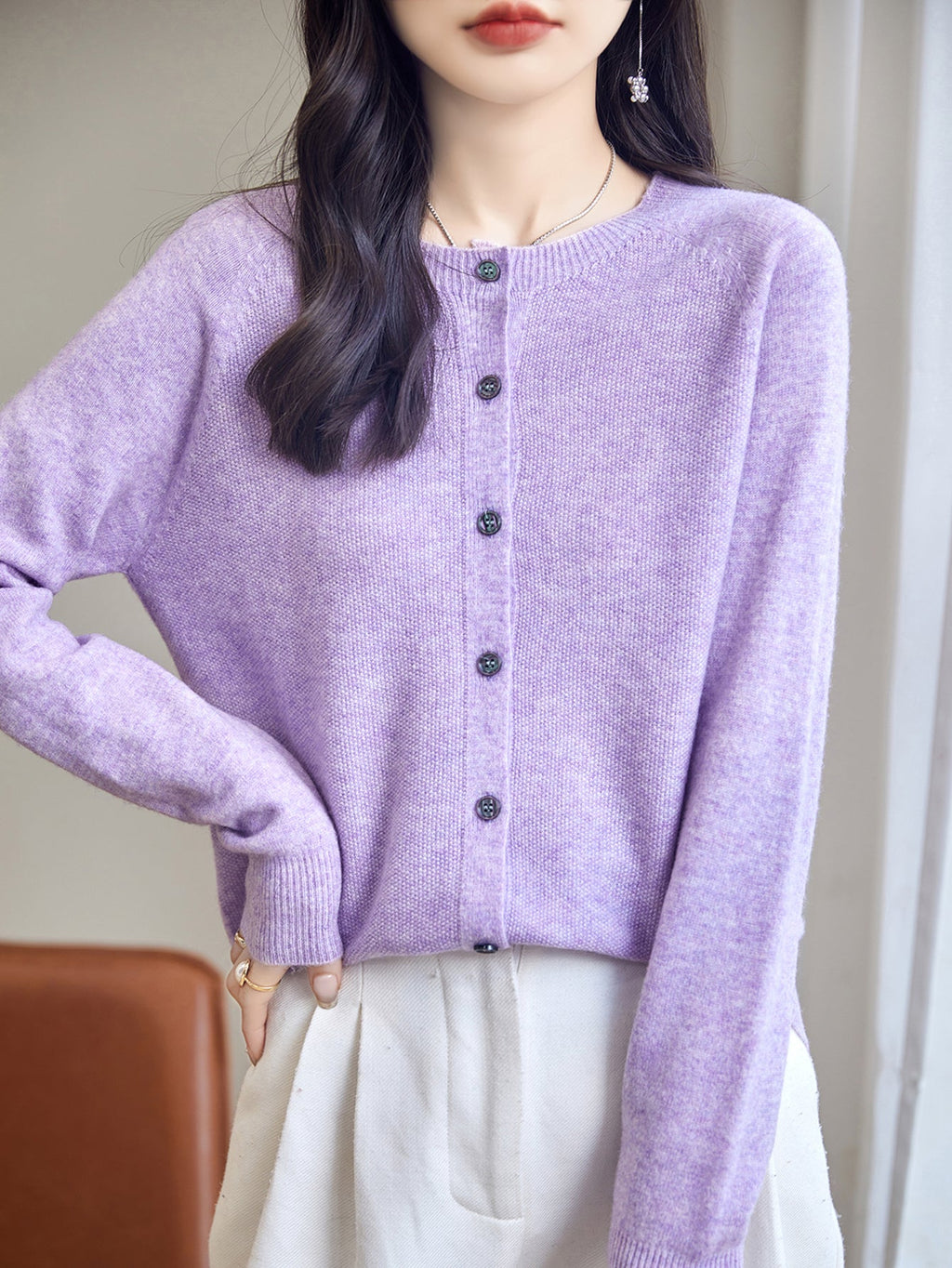 100% Merino Wool Crewneck Cardigan Sweater
