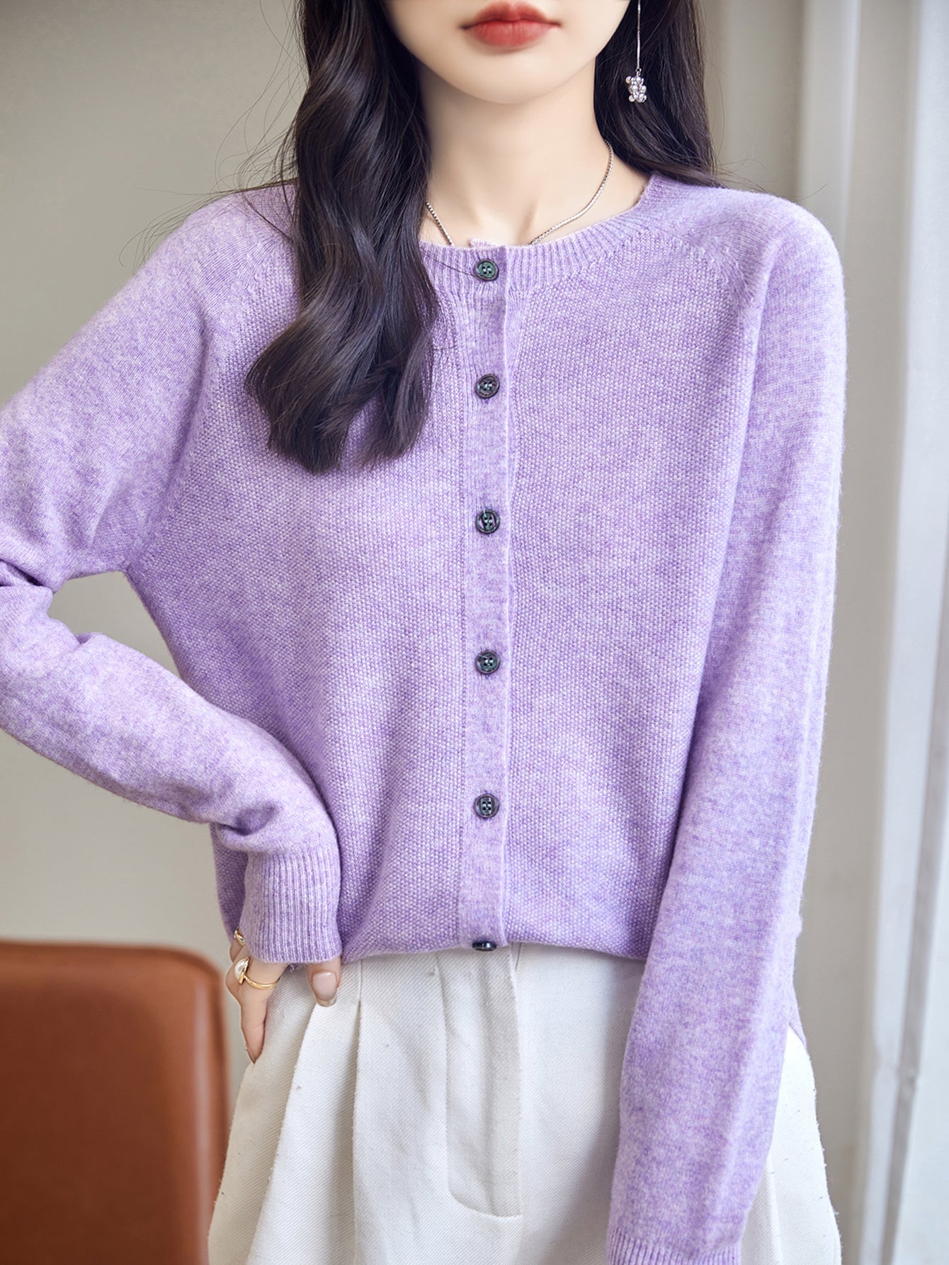 100% Merino Wool Crewneck Cardigan Sweater