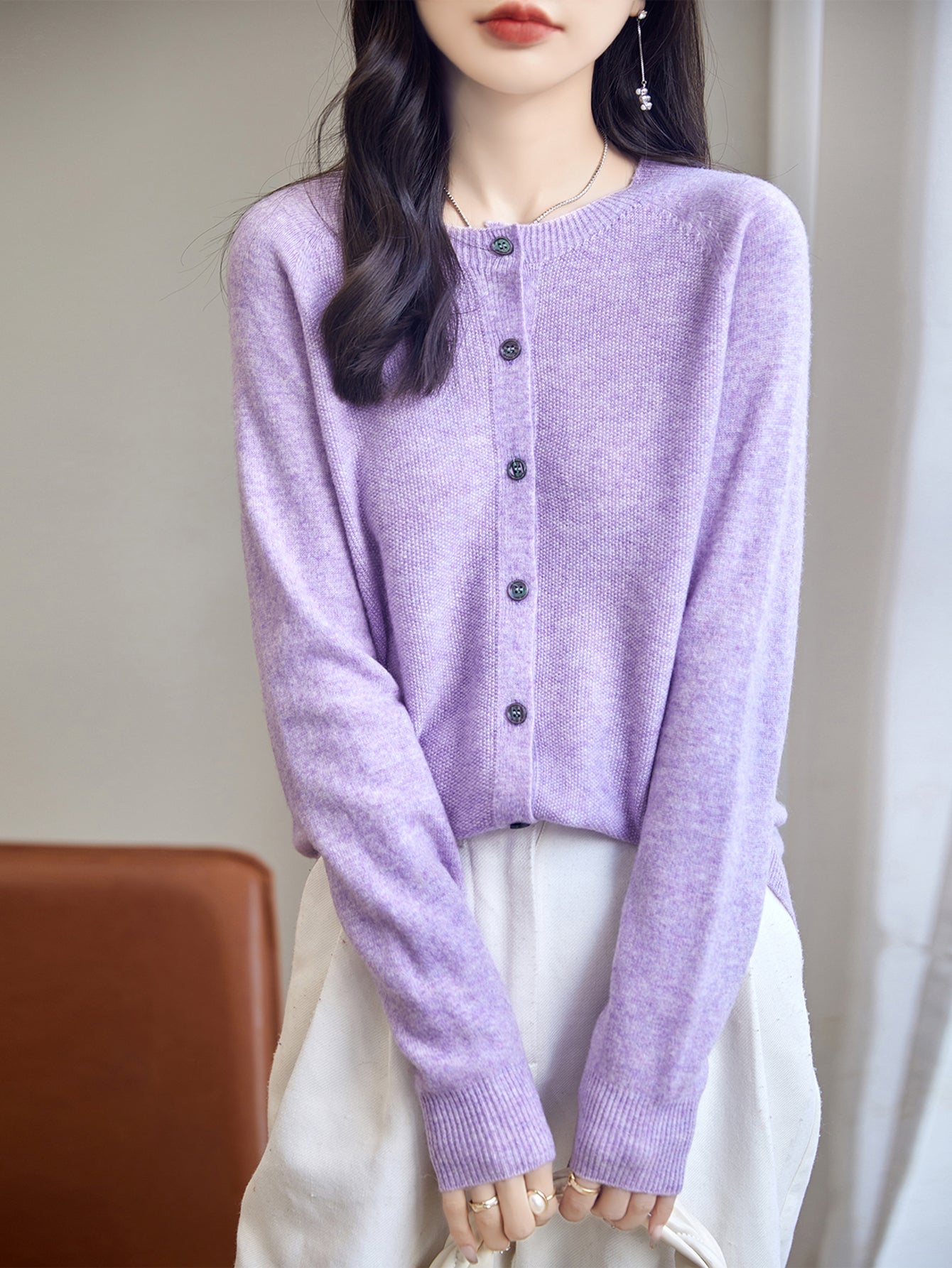 100% Merino Wool Crewneck Cardigan Sweater