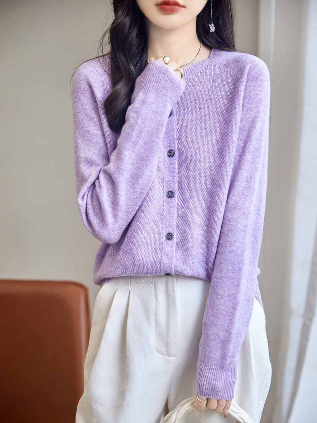 100% Merino Wool Crewneck Cardigan Sweater