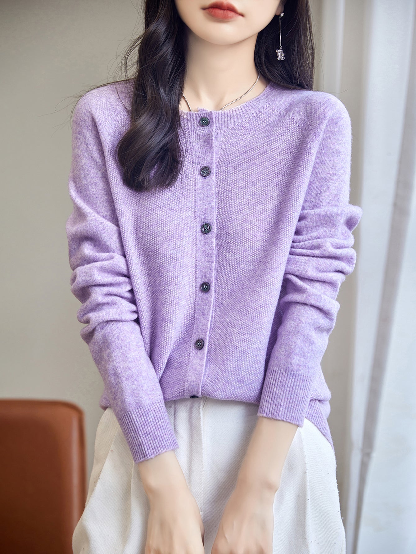 100% Merino Wool Crewneck Cardigan Sweater