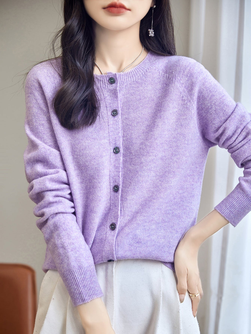 100% Merino Wool Crewneck Cardigan Sweater
