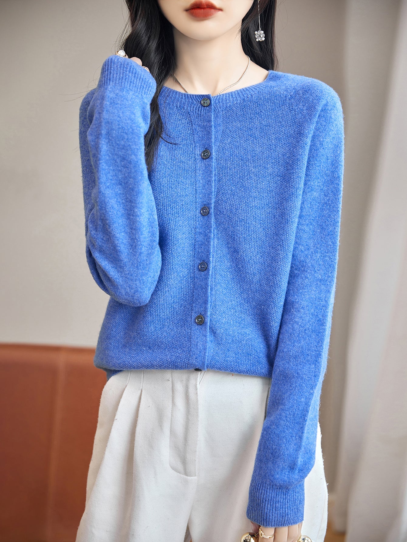 100% Merino Wool Crewneck Cardigan Sweater