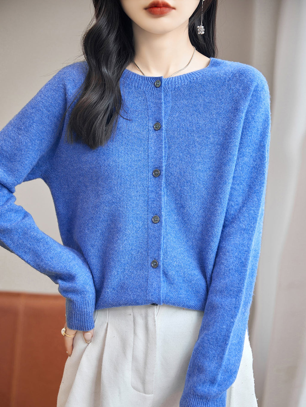 100% Merino Wool Crewneck Cardigan Sweater