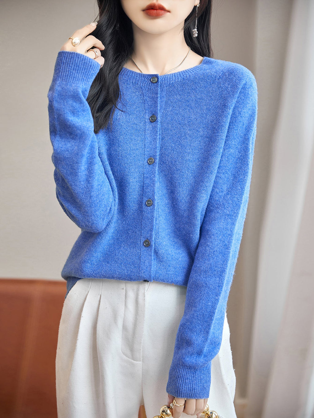 100% Merino Wool Crewneck Cardigan Sweater