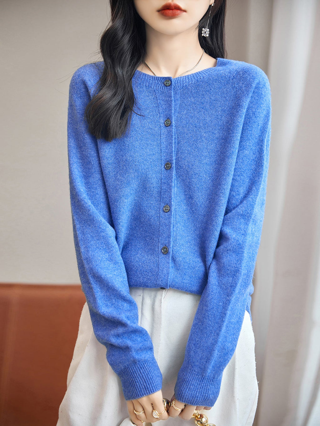 100% Merino Wool Crewneck Cardigan Sweater