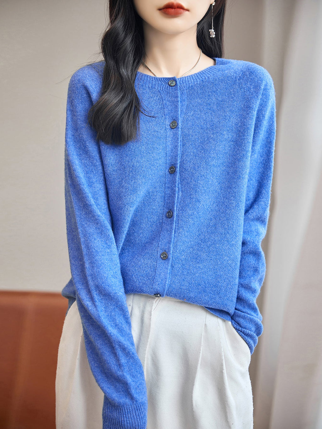 100% Merino Wool Crewneck Cardigan Sweater