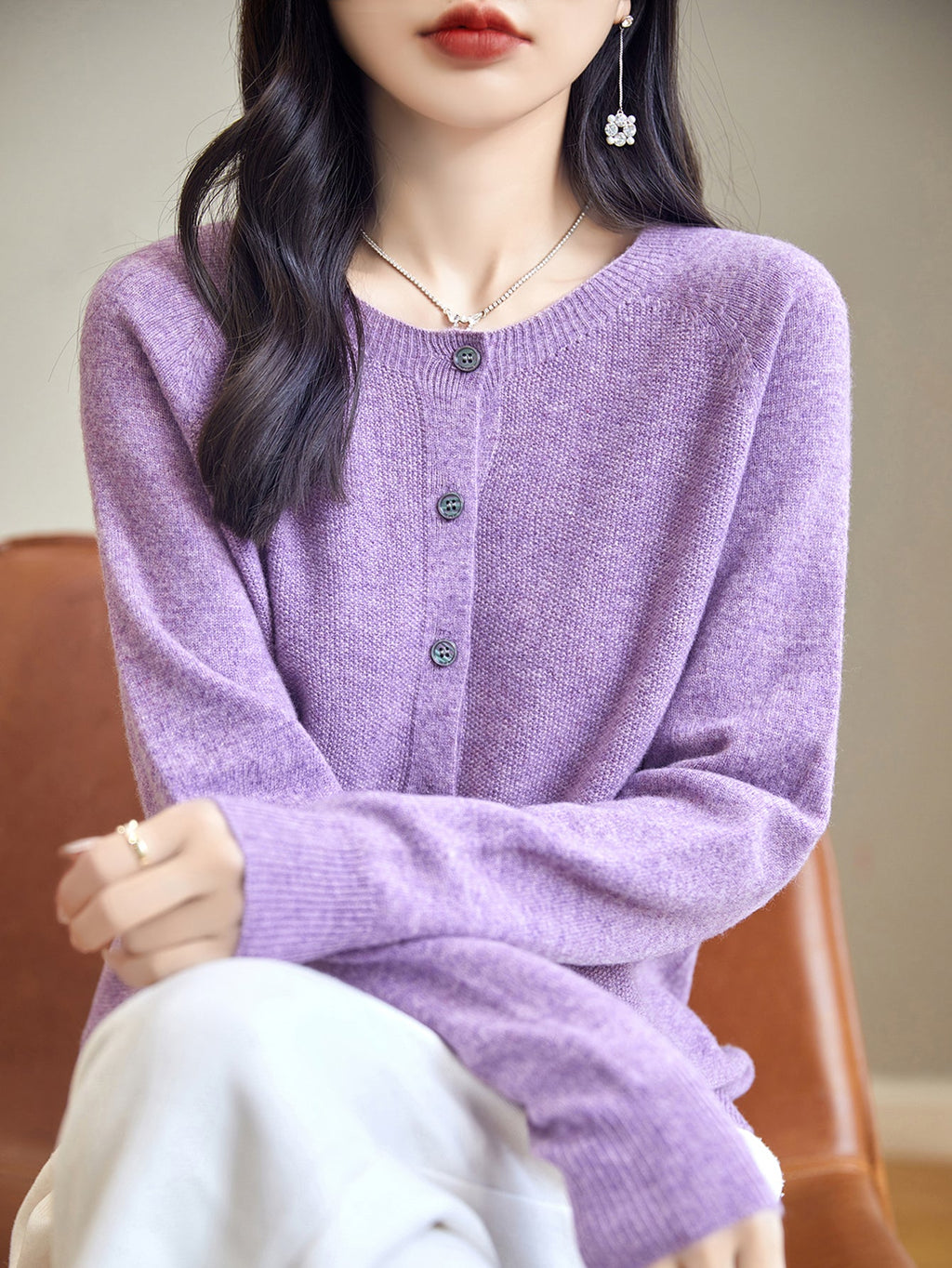 100% Merino Wool Crewneck Cardigan Sweater