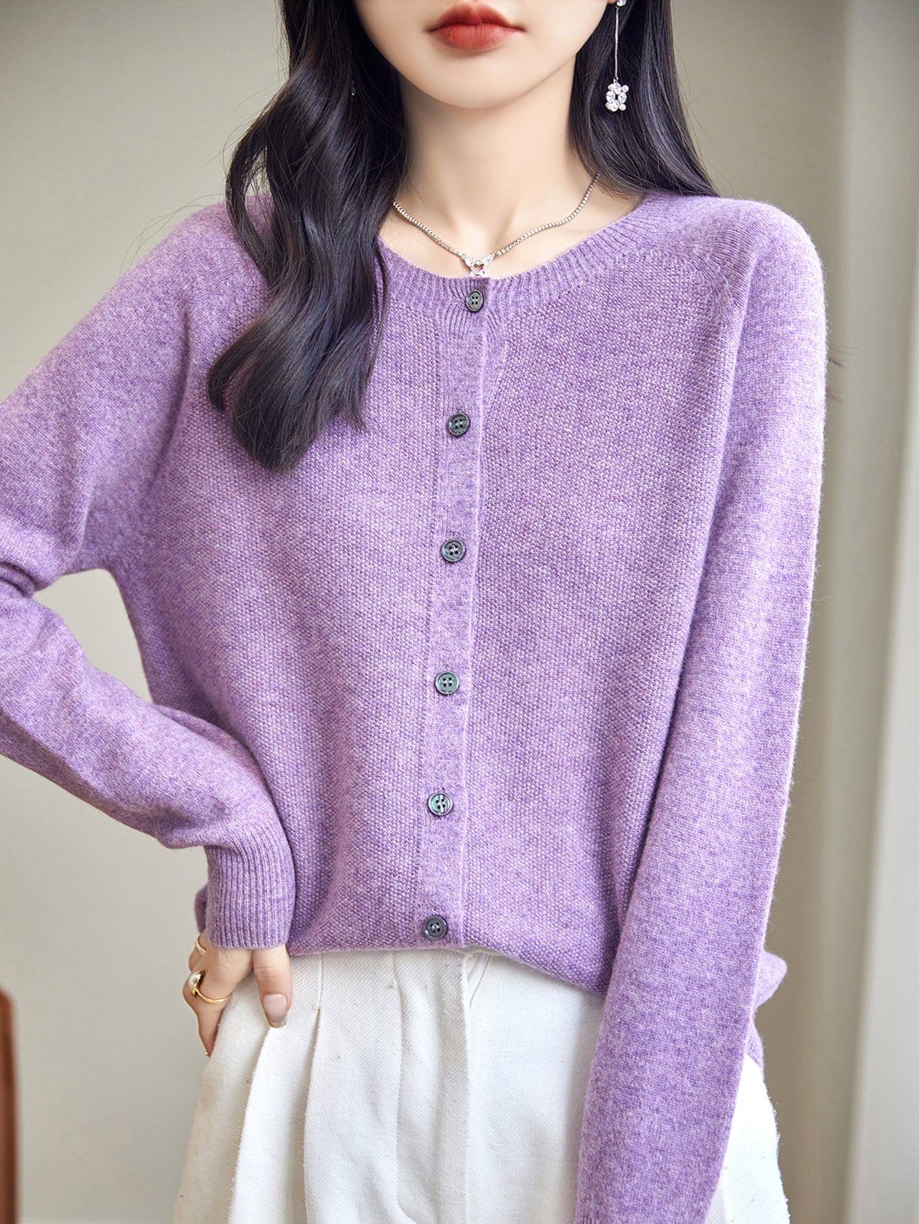100% Merino Wool Crewneck Cardigan Sweater