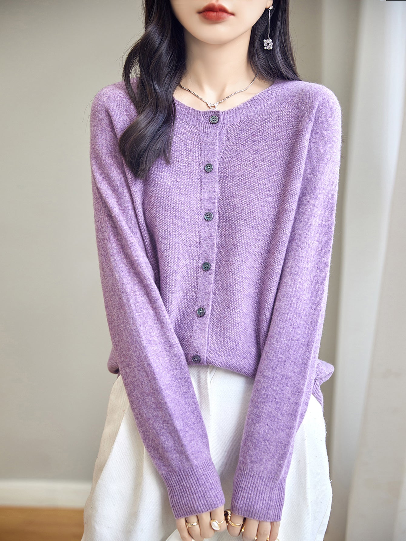 100% Merino Wool Crewneck Cardigan Sweater