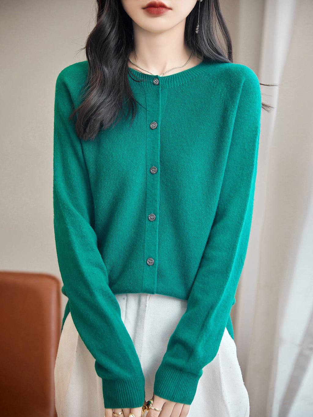 100% Merino Wool Crewneck Cardigan Sweater