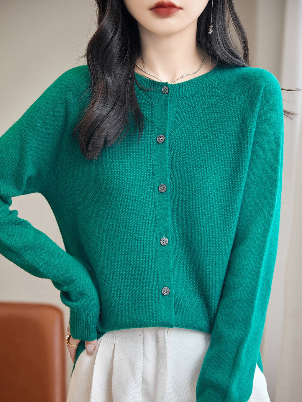 100% Merino Wool Crewneck Cardigan Sweater