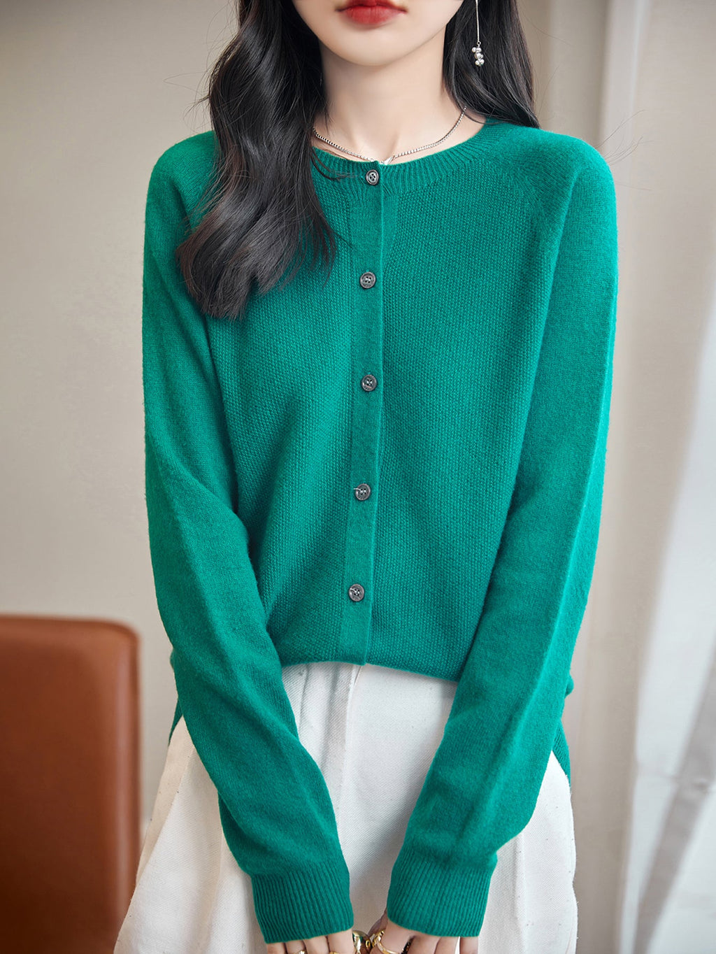100% Merino Wool Crewneck Cardigan Sweater