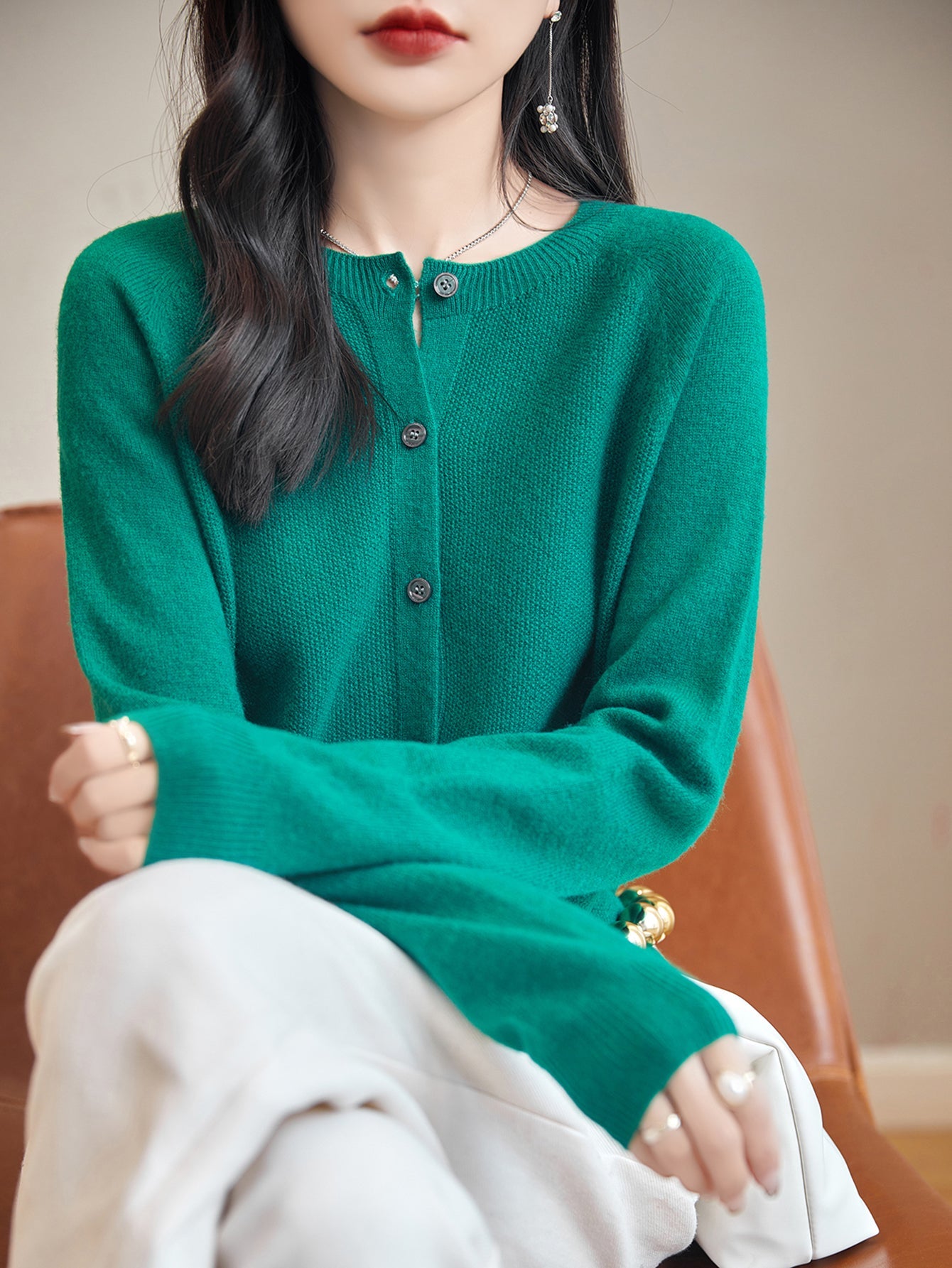 100% Merino Wool Crewneck Cardigan Sweater
