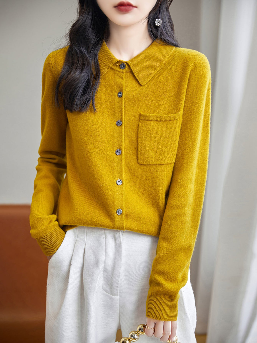 100% Merino Wool Poloneck Cardigan Sweater