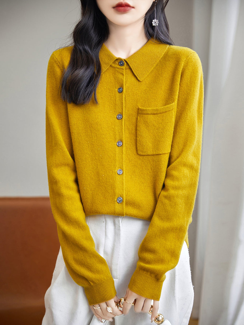 100% Merino Wool Poloneck Cardigan Sweater